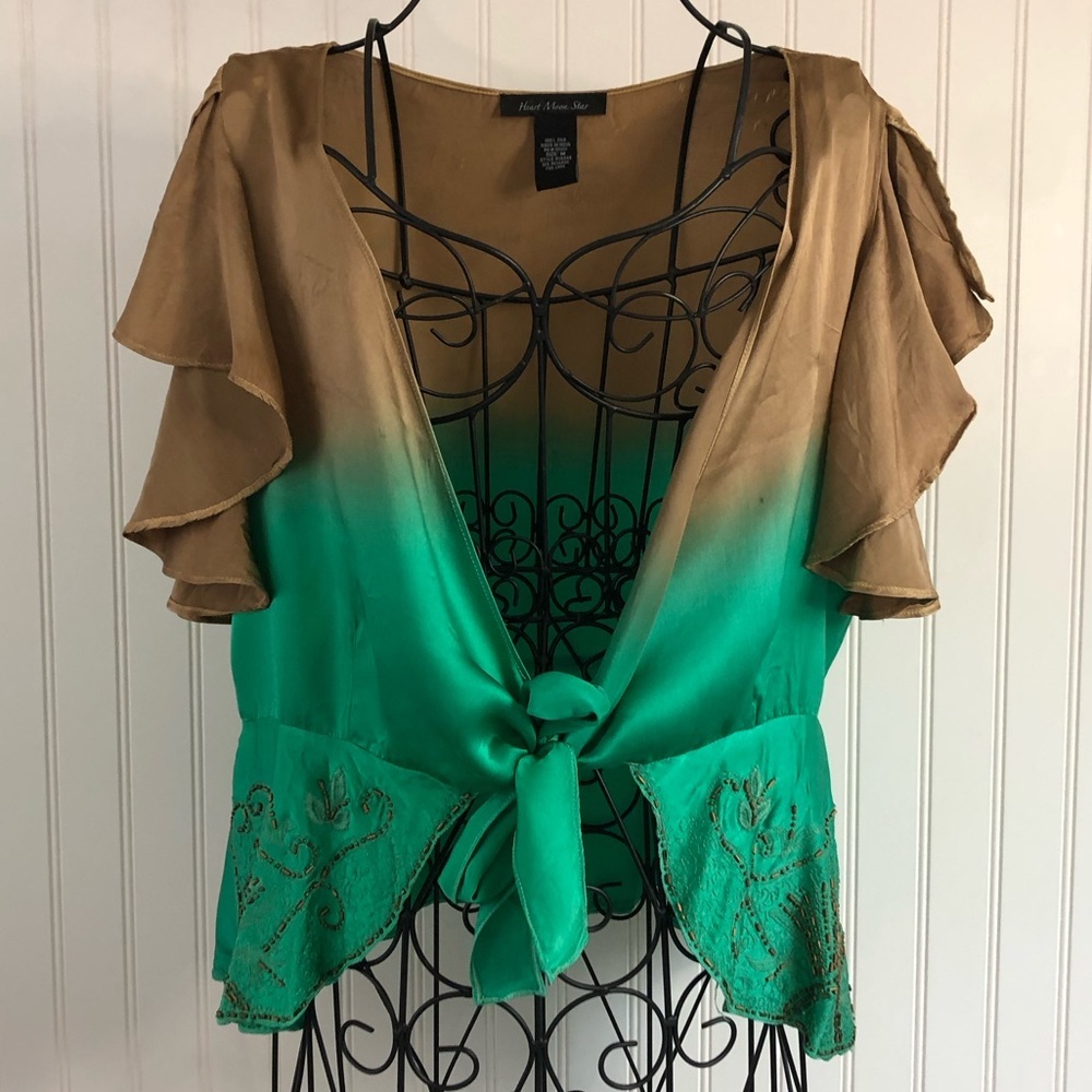 Heart Moon Star Brown and Green Ruffle Sleeve Silk Mai Tie Top